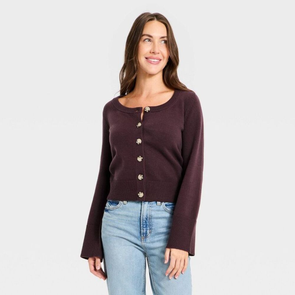 Women's Button-Down Scoop Neck Cardigan Sweater - Universal Thread Plum Purple M